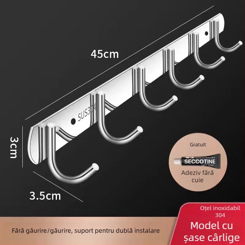 Cuier organizator din oțel inoxidabil, montat pe perete pentru bucătărie și baie, fără găuri, design cu un singur rând (Material: oțel inoxidabil; Capacitate de încărcare: 30 kg; Finisaj: polisat; Stil: Lux ușor)