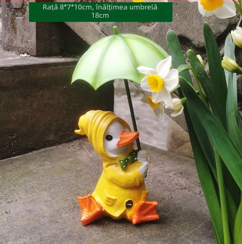 Rață ornament pentru grădină – sculptură din rășină sintetică, pictată manual, pentru curte, terasă și balcon, rezistentă la intemperii