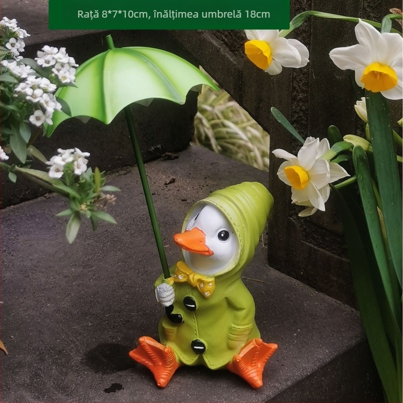 Rață ornament pentru grădină – sculptură din rășină sintetică, pictată manual, pentru curte, terasă și balcon, rezistentă la intemperii