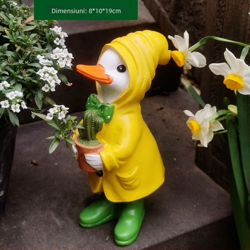 Rață ornament pentru grădină – sculptură din rășină sintetică, pictată manual, pentru curte, terasă și balcon, rezistentă la intemperii