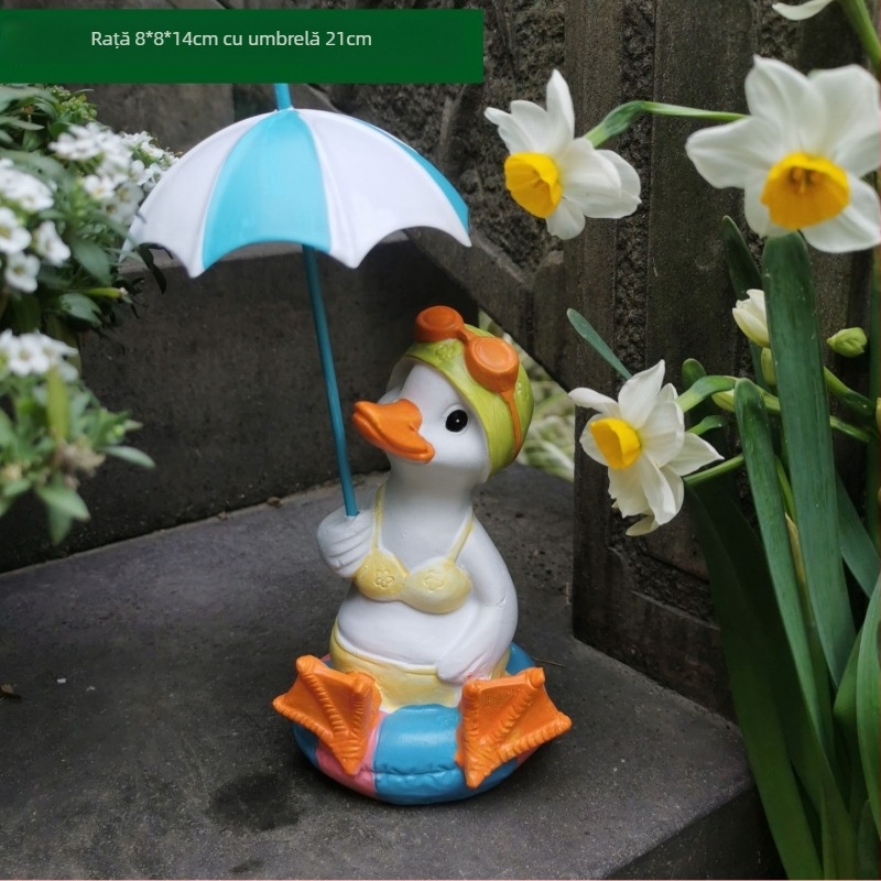 Rață ornament pentru grădină – sculptură din rășină sintetică, pictată manual, pentru curte, terasă și balcon, rezistentă la intemperii