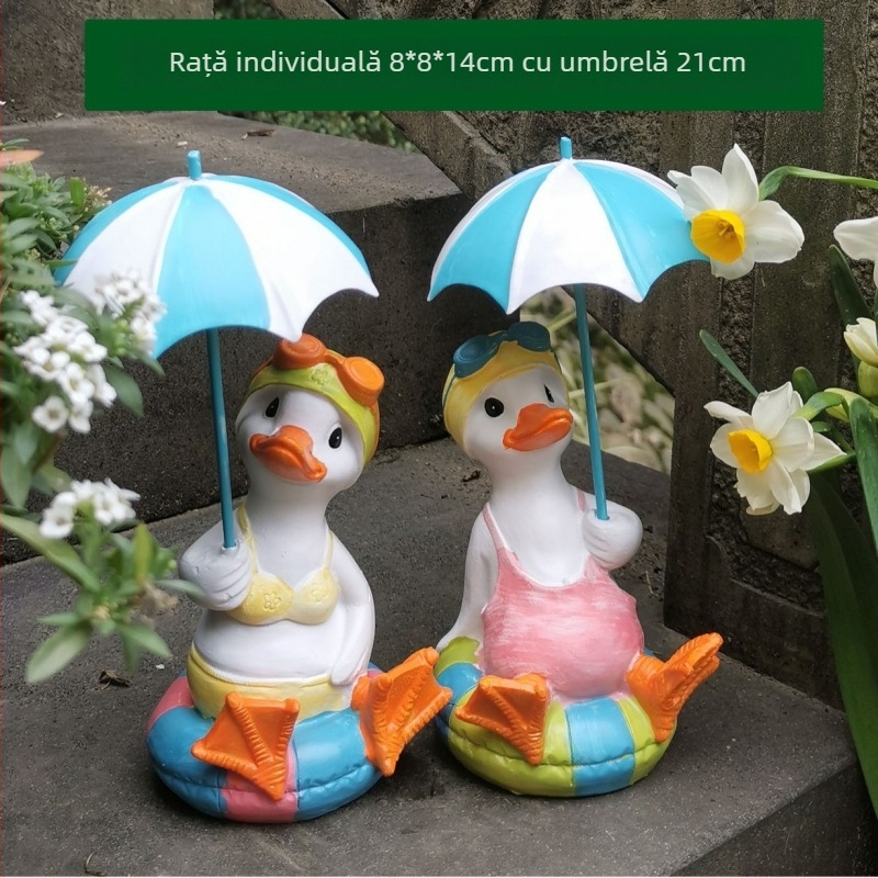 Rață ornament pentru grădină – sculptură din rășină sintetică, pictată manual, pentru curte, terasă și balcon, rezistentă la intemperii