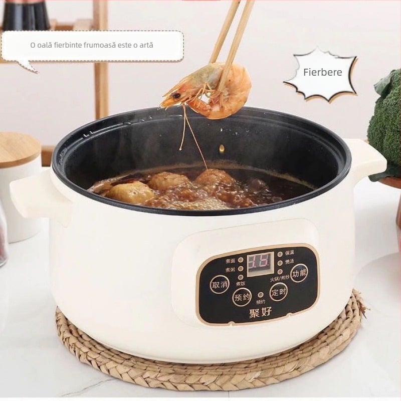 Oală electrică multifuncțională cu vas interior din porțelan cristal, capacitate sub 1 L, putere 800 W sau mai puțin, control microcomputer, funcții: prăjit, gătit, hot pot
