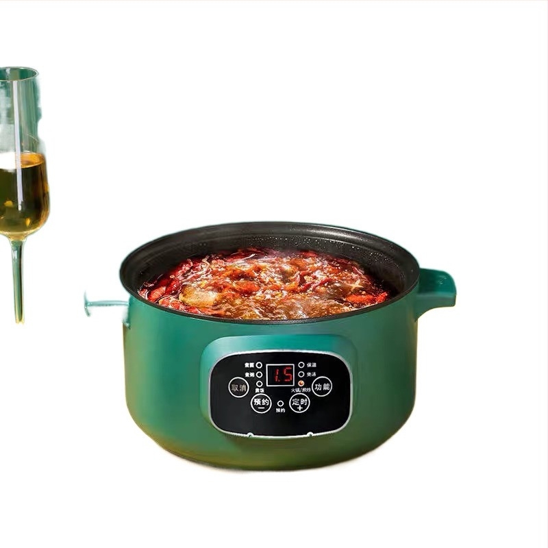 Oală electrică multifuncțională cu vas interior din porțelan cristal, capacitate sub 1 L, putere 800 W sau mai puțin, control microcomputer, funcții: prăjit, gătit, hot pot