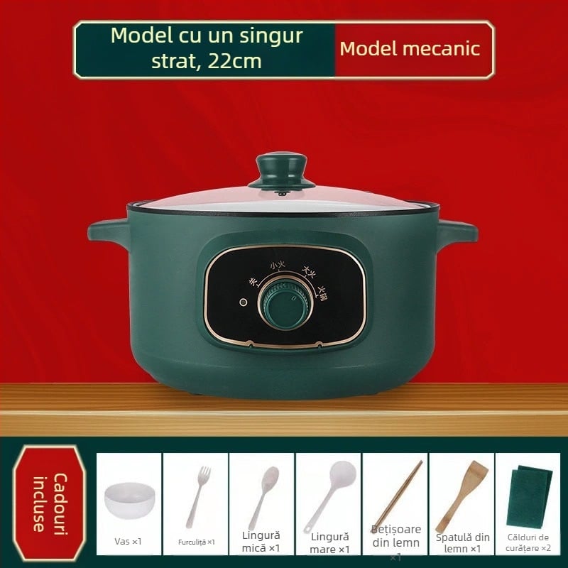 Oală electrică multifuncțională cu vas interior din porțelan cristal, capacitate sub 1 L, putere 800 W sau mai puțin, control microcomputer, funcții: prăjit, gătit, hot pot