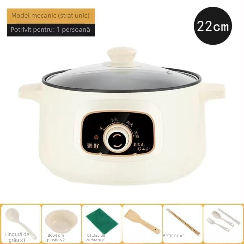 Oală electrică multifuncțională cu vas interior din porțelan cristal, capacitate sub 1 L, putere 800 W sau mai puțin, control microcomputer, funcții: prăjit, gătit, hot pot