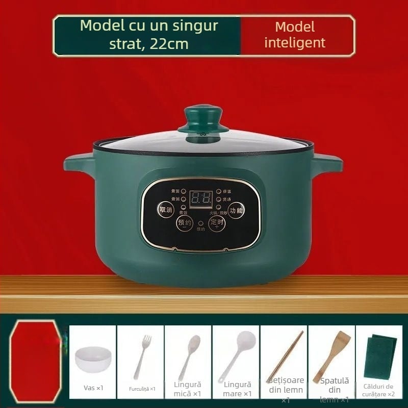 Oală electrică multifuncțională cu vas interior din porțelan cristal, capacitate sub 1 L, putere 800 W sau mai puțin, control microcomputer, funcții: prăjit, gătit, hot pot