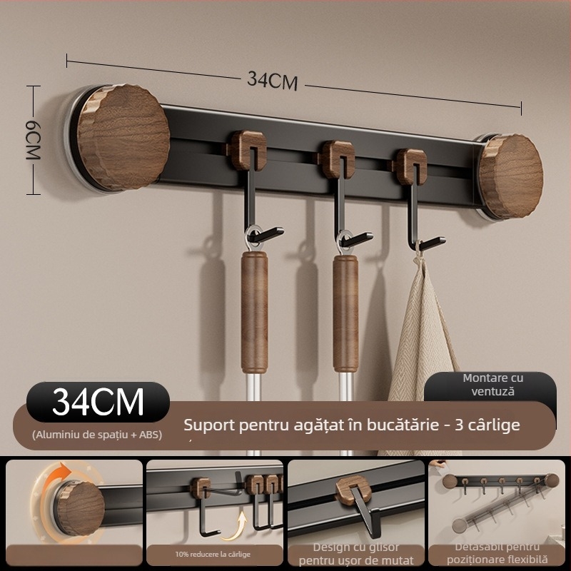 Cuier cu ventuză pentru bucătărie, montat pe perete, din metal, cu mai multe cârlige, încărcare 3–5 kg, Stil Chinez Nou