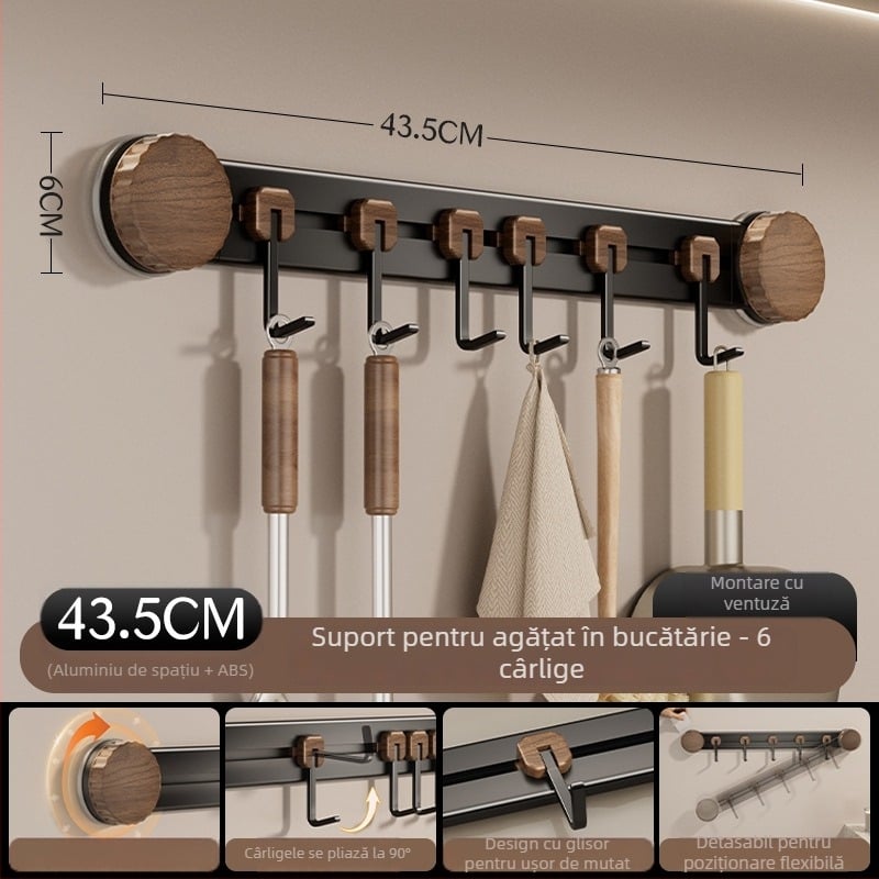 Cuier cu ventuză pentru bucătărie, montat pe perete, din metal, cu mai multe cârlige, încărcare 3–5 kg, Stil Chinez Nou