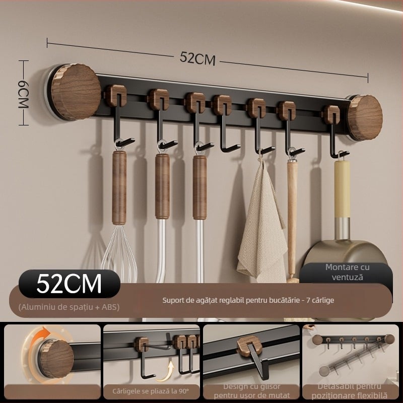 Cuier cu ventuză pentru bucătărie, montat pe perete, din metal, cu mai multe cârlige, încărcare 3–5 kg, Stil Chinez Nou