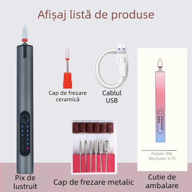 Polizor de unghii portabil cu baterie litiu reîncărcabilă, 3.7V, trei viteze, cablu de 0.5 m, pentru șlefuire, gravare și polisare