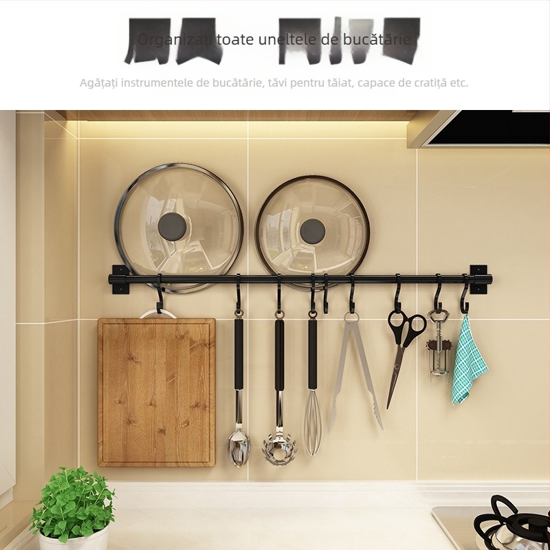 Umeraș de perete pentru bucătărie, fără găuri, pentru ustensile și suport pentru tocător — Rosie, aluminiu Space, design modern simplu, model Paragraph A