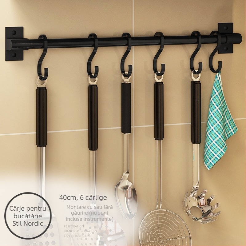 Umeraș de perete pentru bucătărie, fără găuri, pentru ustensile și suport pentru tocător — Rosie, aluminiu Space, design modern simplu, model Paragraph A