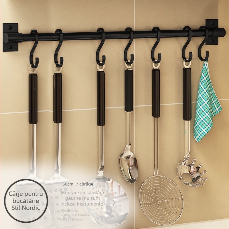 Umeraș de perete pentru bucătărie, fără găuri, pentru ustensile și suport pentru tocător — Rosie, aluminiu Space, design modern simplu, model Paragraph A