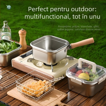 Tigaie pătrată de adâncime din oțel inoxidabil + PP, multifuncțională: prăjit, gătit la abur și conservare, capac PP, adâncime 11,5 cm