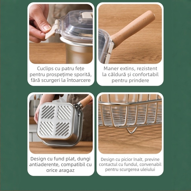 Tigaie pătrată de adâncime din oțel inoxidabil + PP, multifuncțională: prăjit, gătit la abur și conservare, capac PP, adâncime 11,5 cm