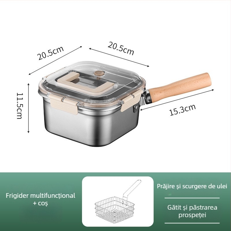 Tigaie pătrată de adâncime din oțel inoxidabil + PP, multifuncțională: prăjit, gătit la abur și conservare, capac PP, adâncime 11,5 cm