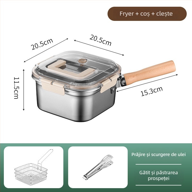 Tigaie pătrată de adâncime din oțel inoxidabil + PP, multifuncțională: prăjit, gătit la abur și conservare, capac PP, adâncime 11,5 cm