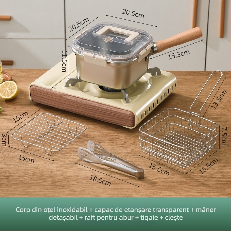 Tigaie pătrată de adâncime din oțel inoxidabil + PP, multifuncțională: prăjit, gătit la abur și conservare, capac PP, adâncime 11,5 cm