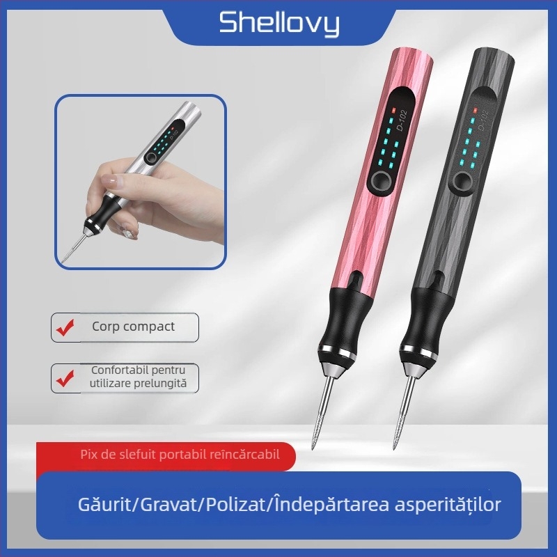 Kit mini freză electrică cu baterie litiu reîncărcabilă, stilou de gravură pentru lemn de nuc – totul într-un singur dispozitiv: 30.000 rpm, 5 trepte de viteză, autonomie baterie 12 ore, timp de încărcare standard 1 h / rapid 0,5 h