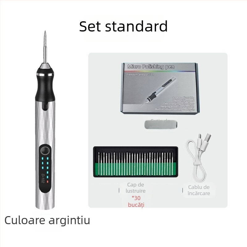 Kit mini freză electrică cu baterie litiu reîncărcabilă, stilou de gravură pentru lemn de nuc – totul într-un singur dispozitiv: 30.000 rpm, 5 trepte de viteză, autonomie baterie 12 ore, timp de încărcare standard 1 h / rapid 0,5 h