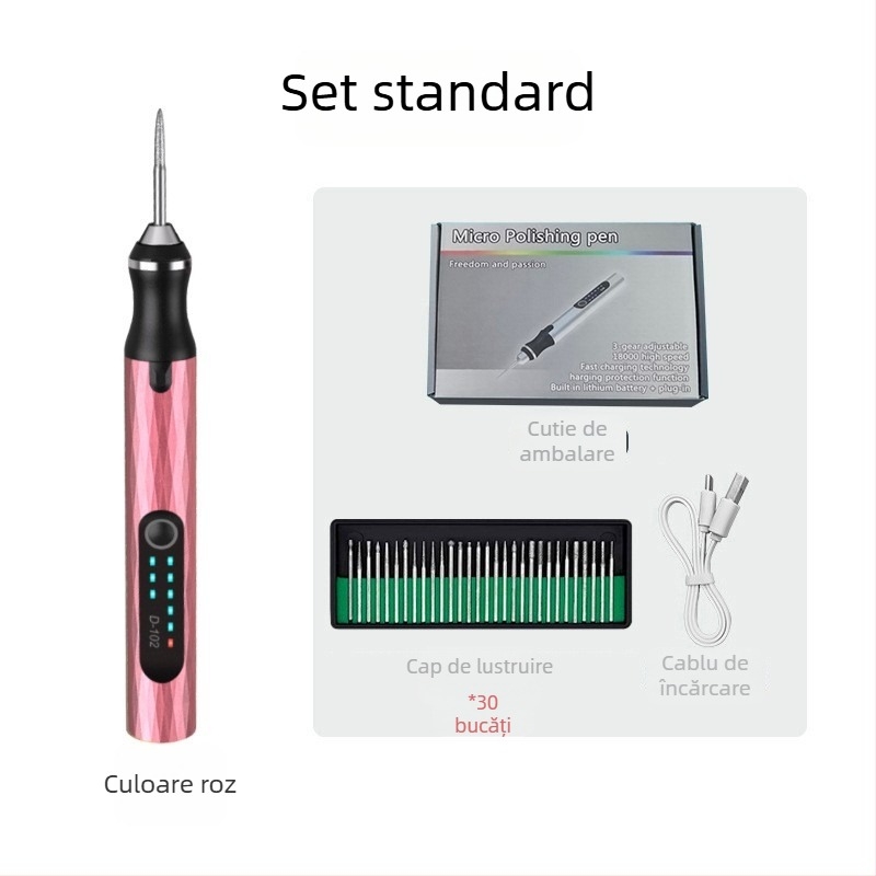 Kit mini freză electrică cu baterie litiu reîncărcabilă, stilou de gravură pentru lemn de nuc – totul într-un singur dispozitiv: 30.000 rpm, 5 trepte de viteză, autonomie baterie 12 ore, timp de încărcare standard 1 h / rapid 0,5 h