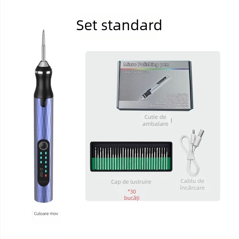 Kit mini freză electrică cu baterie litiu reîncărcabilă, stilou de gravură pentru lemn de nuc – totul într-un singur dispozitiv: 30.000 rpm, 5 trepte de viteză, autonomie baterie 12 ore, timp de încărcare standard 1 h / rapid 0,5 h