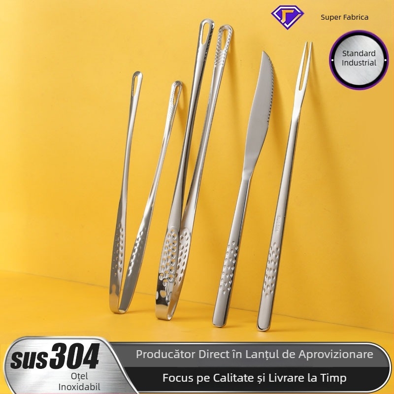 Set tacâmuri pentru grătar cu clește din oțel inoxidabil 304, cuțit și furculiță-clip — Brand Red Door Tower; Categorie: tacâmuri pentru grătar; Reutilizabil