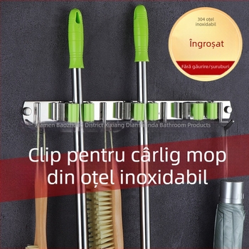 Suport pentru mop din oțel inoxidabil 304, montaj pe perete fără găuri, clips pentru baie