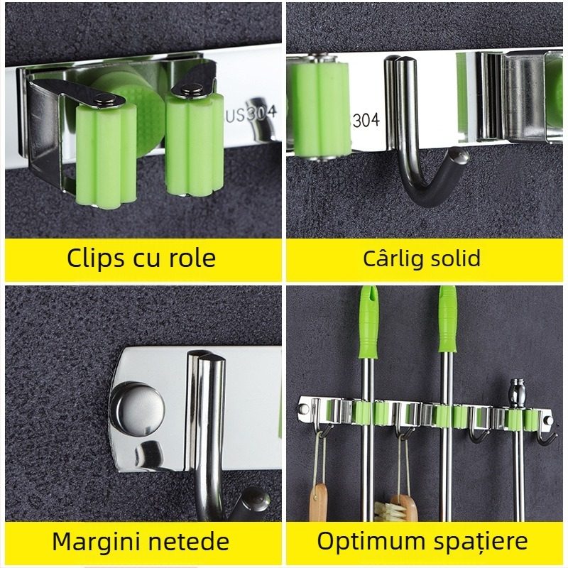 Suport pentru mop din oțel inoxidabil 304, montaj pe perete fără găuri, clips pentru baie
