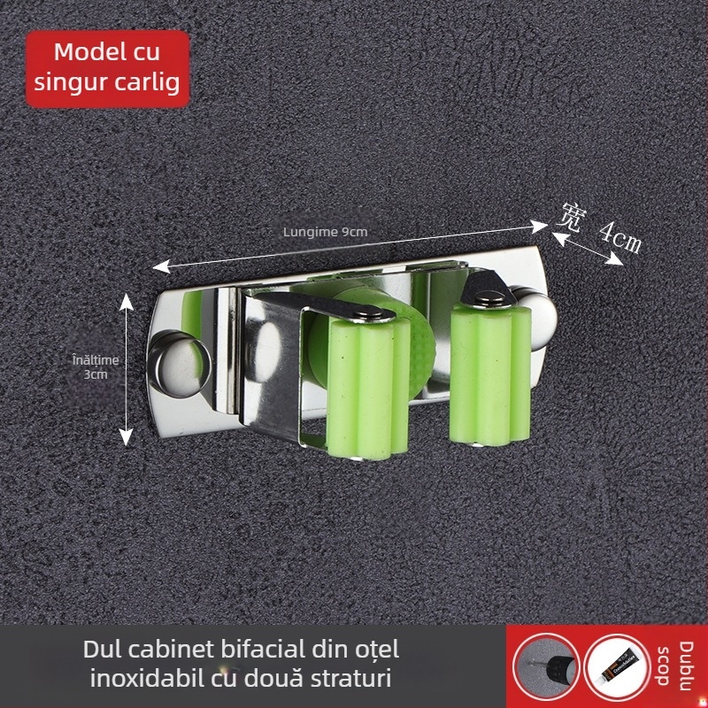 Suport pentru mop din oțel inoxidabil 304, montaj pe perete fără găuri, clips pentru baie