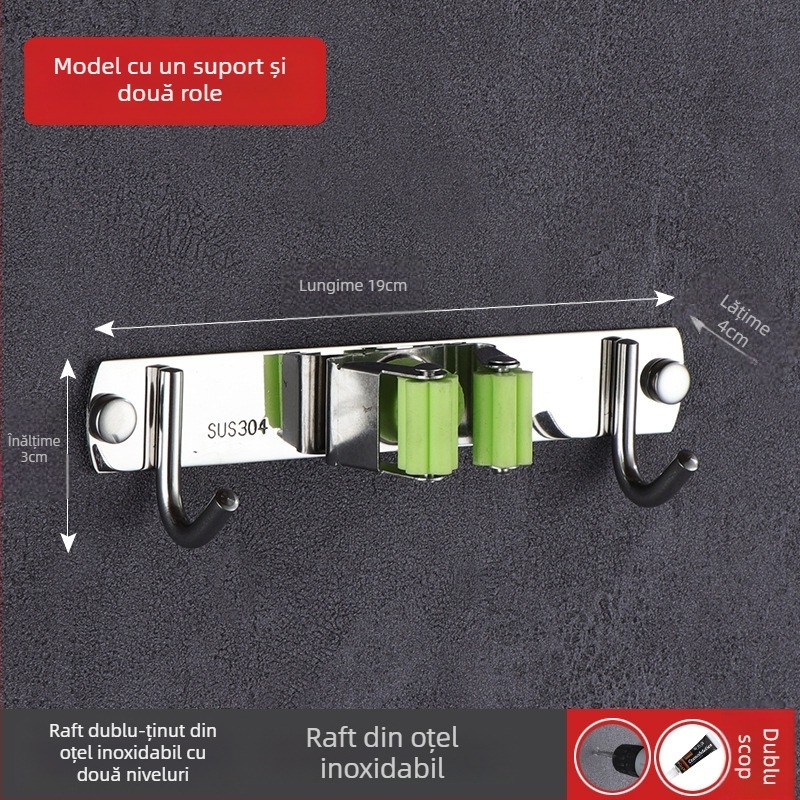 Suport pentru mop din oțel inoxidabil 304, montaj pe perete fără găuri, clips pentru baie