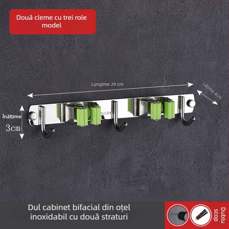 Suport pentru mop din oțel inoxidabil 304, montaj pe perete fără găuri, clips pentru baie