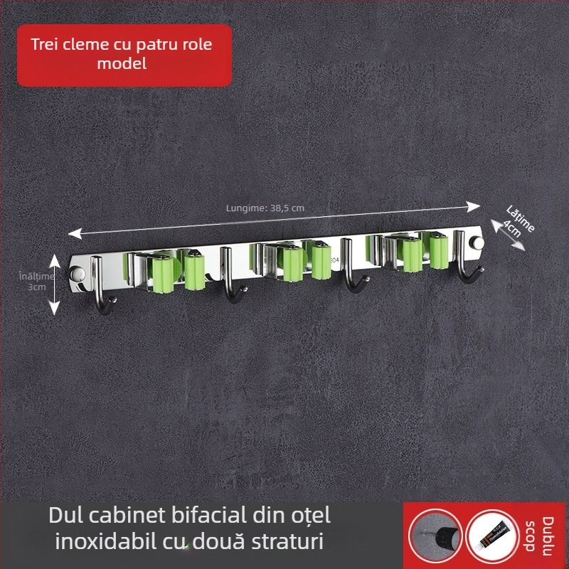 Suport pentru mop din oțel inoxidabil 304, montaj pe perete fără găuri, clips pentru baie