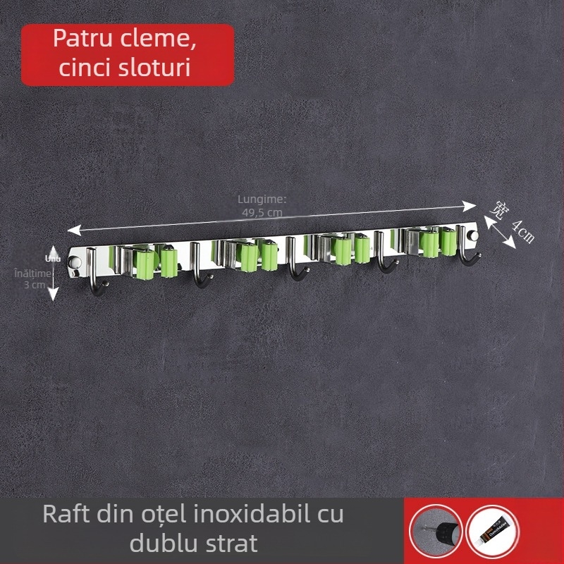 Suport pentru mop din oțel inoxidabil 304, montaj pe perete fără găuri, clips pentru baie