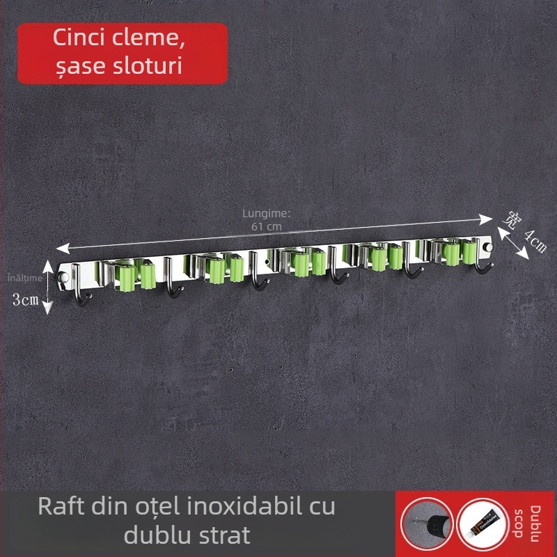Suport pentru mop din oțel inoxidabil 304, montaj pe perete fără găuri, clips pentru baie