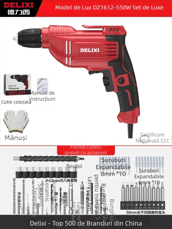 Bormașină de mână electrică – motor cu perii, baterie Li-ion reîncărcabilă, mandrină cu schimbare rapidă, găurire în lemn și materiale compozite, înainte/înapoi