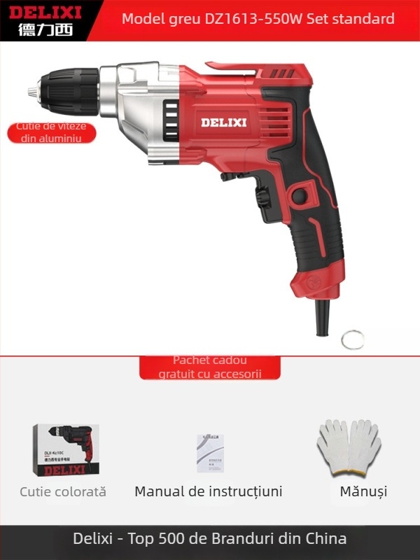 Bormașină de mână electrică – motor cu perii, baterie Li-ion reîncărcabilă, mandrină cu schimbare rapidă, găurire în lemn și materiale compozite, înainte/înapoi