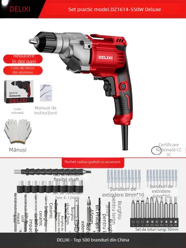 Bormașină de mână electrică – motor cu perii, baterie Li-ion reîncărcabilă, mandrină cu schimbare rapidă, găurire în lemn și materiale compozite, înainte/înapoi