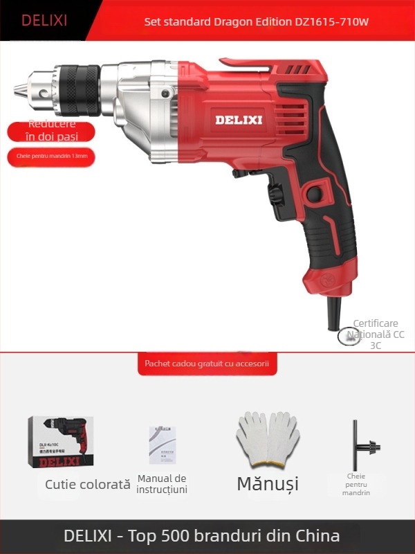 Bormașină de mână electrică – motor cu perii, baterie Li-ion reîncărcabilă, mandrină cu schimbare rapidă, găurire în lemn și materiale compozite, înainte/înapoi