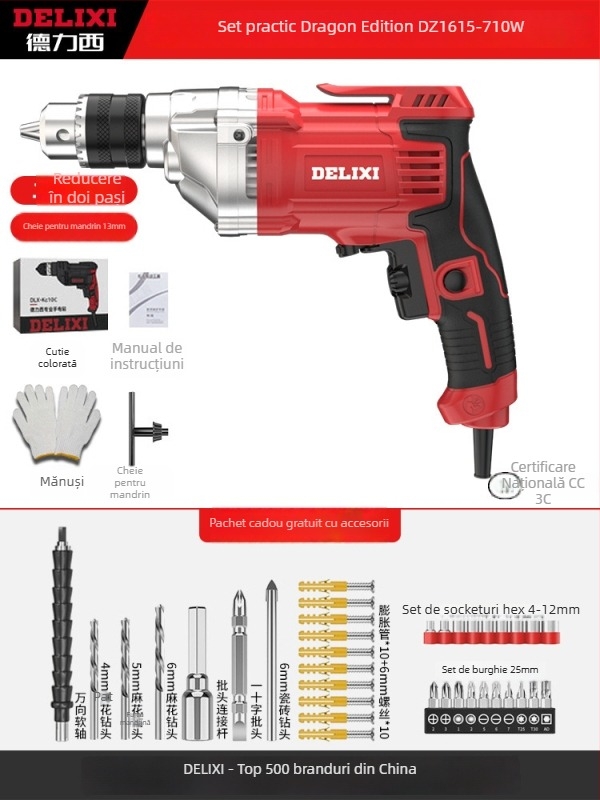 Bormașină de mână electrică – motor cu perii, baterie Li-ion reîncărcabilă, mandrină cu schimbare rapidă, găurire în lemn și materiale compozite, înainte/înapoi