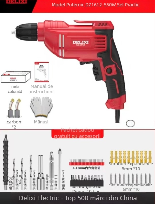Bormașină de mână electrică – motor cu perii, baterie Li-ion reîncărcabilă, mandrină cu schimbare rapidă, găurire în lemn și materiale compozite, înainte/înapoi