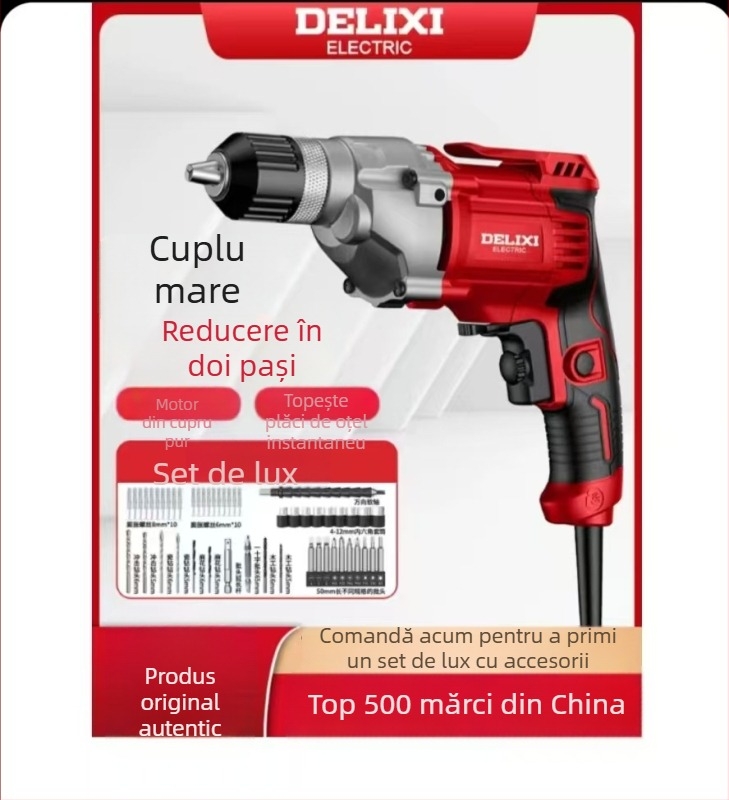 Bormașină de mână electrică – motor cu perii, baterie Li-ion reîncărcabilă, mandrină cu schimbare rapidă, găurire în lemn și materiale compozite, înainte/înapoi