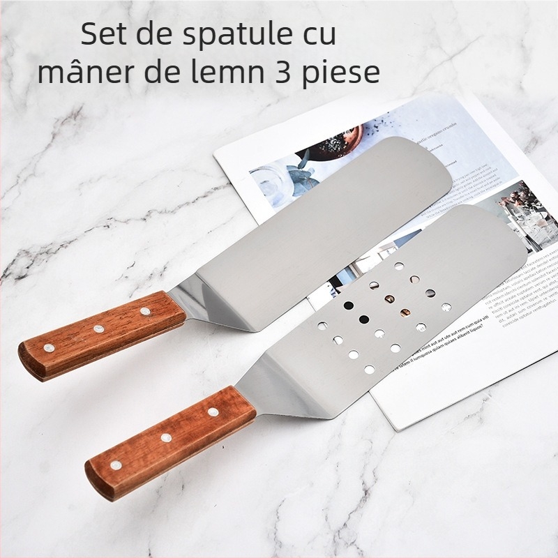 Set de 3 spatule din oțel inoxidabil cu mânere din lemn — anti-aderent, rezistente la temperaturi înalte, protecție împotriva arsurilor