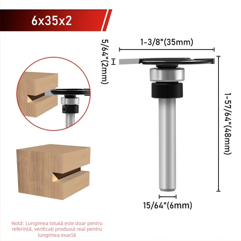 Lama de tip T pentru mașini de tâmplărie, cuțit pentru canelare, Edge Trimmer, ax de 6, rulment pentru arborele de 1/4