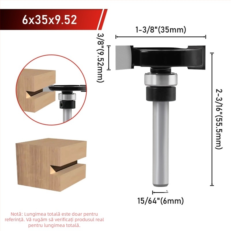 Lama de tip T pentru mașini de tâmplărie, cuțit pentru canelare, Edge Trimmer, ax de 6, rulment pentru arborele de 1/4