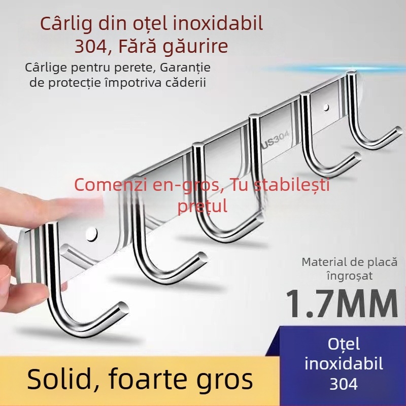 Cuier de perete din oțel inoxidabil 304, montaj fără găuri, pentru baie și bucătărie, finisaj lucios