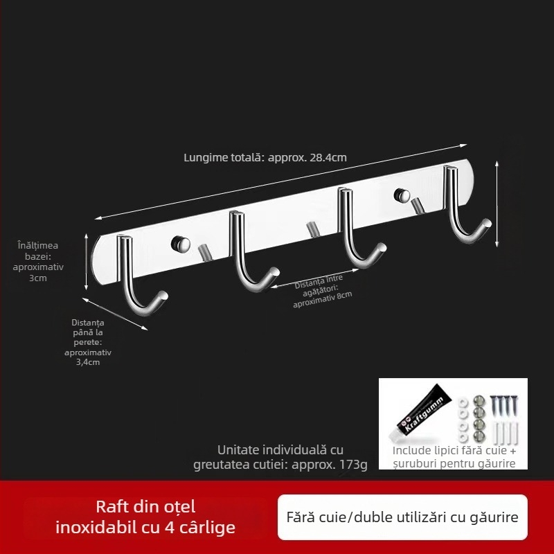 Cuier de perete din oțel inoxidabil 304, montaj fără găuri, pentru baie și bucătărie, finisaj lucios