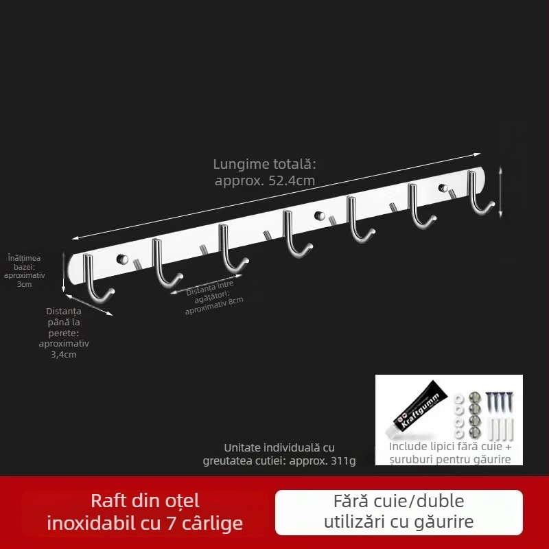 Cuier de perete din oțel inoxidabil 304, montaj fără găuri, pentru baie și bucătărie, finisaj lucios