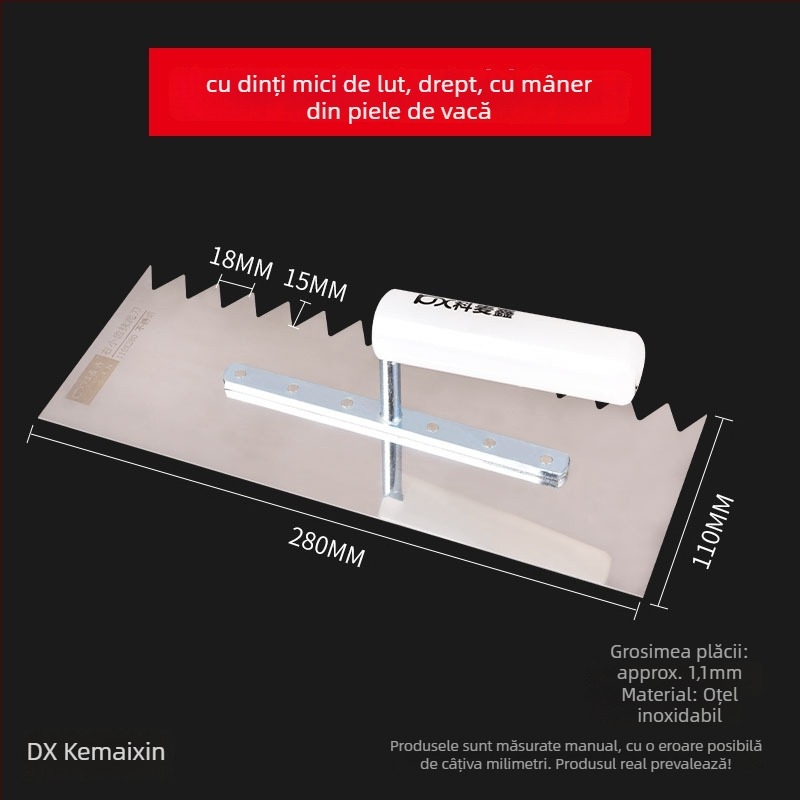 Spatlu de tencuială din oțel inoxidabil, lamă plată, dinți, marca Kemaixin